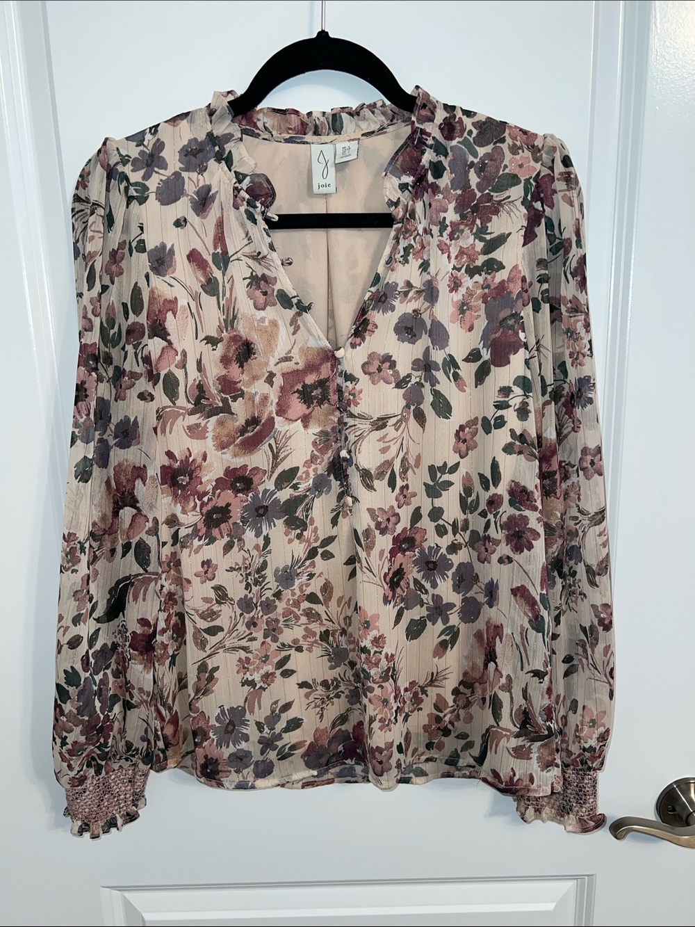 Joie Blush Floral Ruffle-Neck Long Sleeve Blouse
